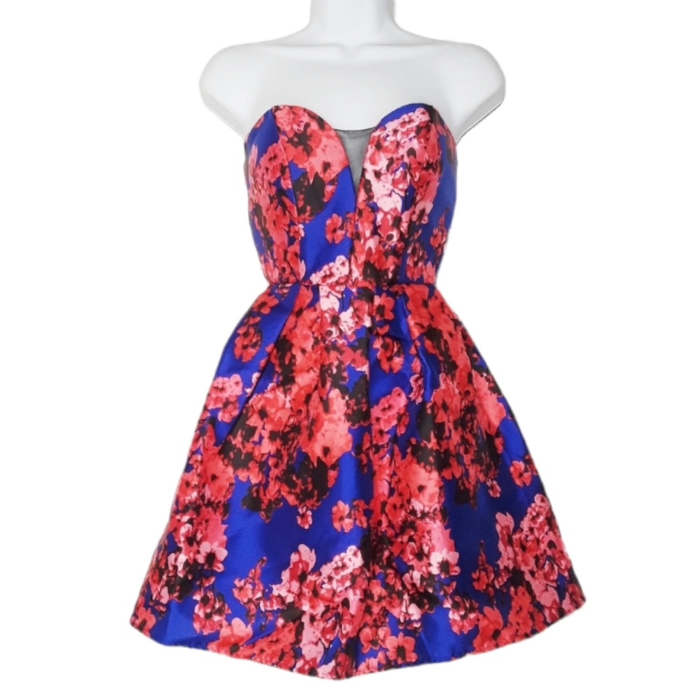 B.DARLIN Floral Print Blue Strapless Fit & Flare Dress XSmall